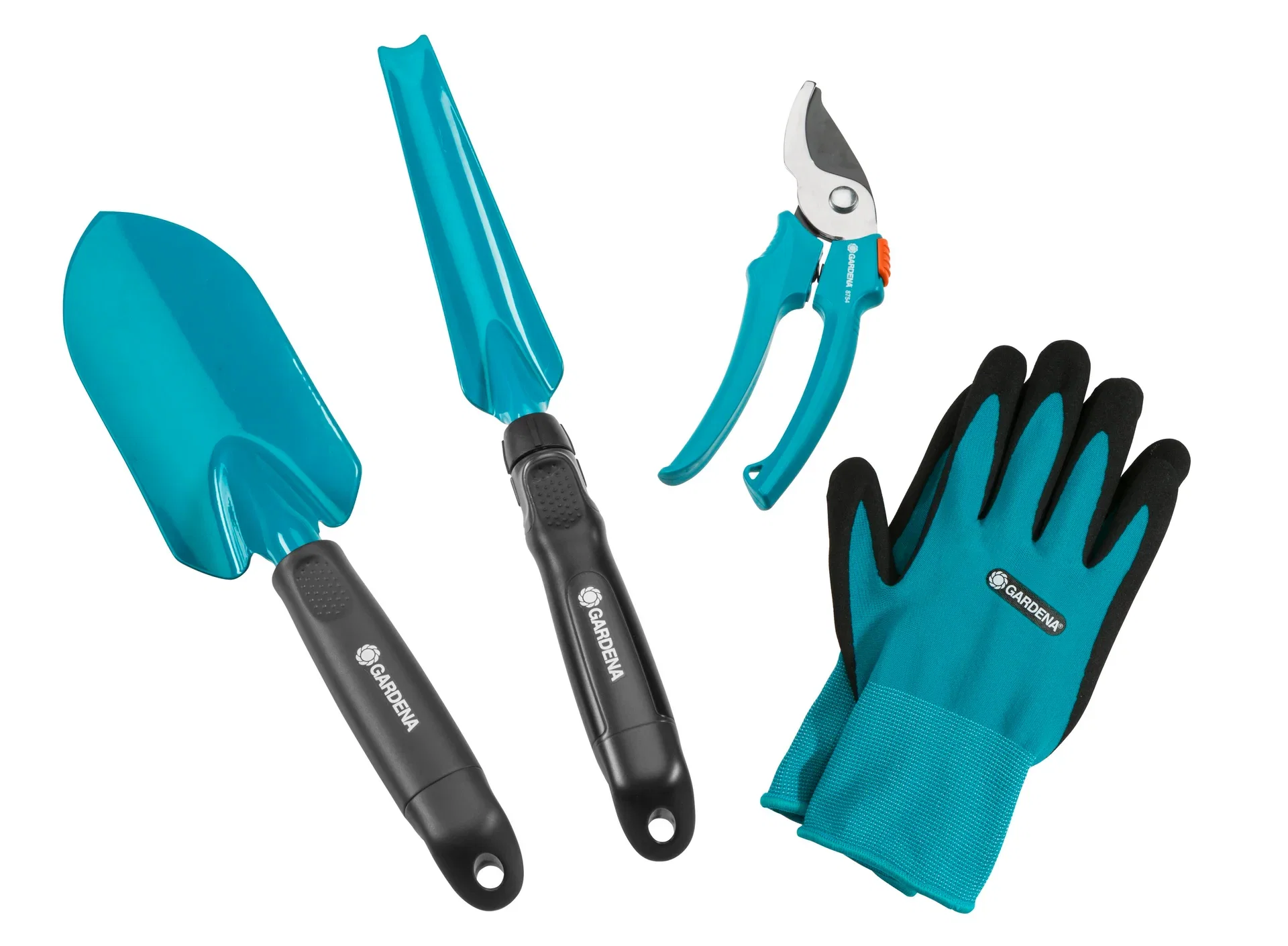 4 i 1 sett m. Hansker, beskjæringssaks, løvetannstikker, plantespade Gardena